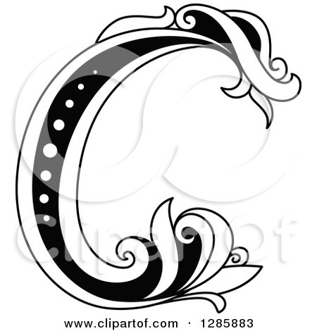 Clipart of a Black and White Vintage Floral Capital Letter C - Royalty Free Vector Illustration by Vector Tradition SM
