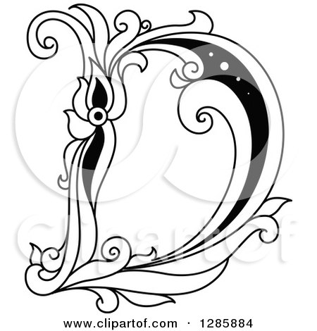 Clipart of a Black and White Vintage Floral Capital Letter D - Royalty Free Vector Illustration by Vector Tradition SM