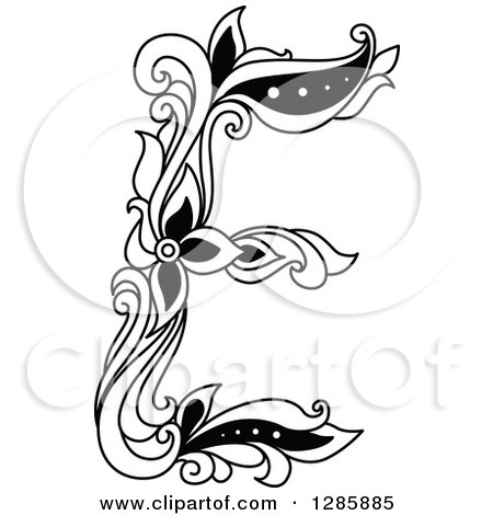 Clipart of a Black and White Vintage Floral Capital Letter E - Royalty Free Vector Illustration by Vector Tradition SM