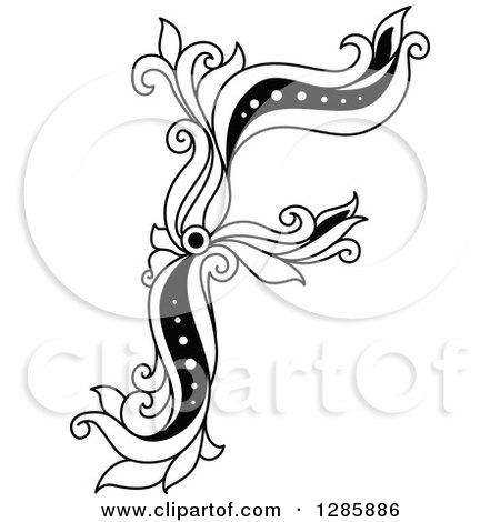 Clipart of a Black and White Vintage Floral Capital Letter F - Royalty Free Vector Illustration by Vector Tradition SM