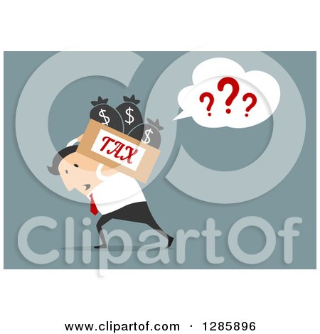 Clipart of a Confused Businessman Carrying a Box of Taxes on His Back, over Blue - Royalty Free Vector Illustration by Vector Tradition SM