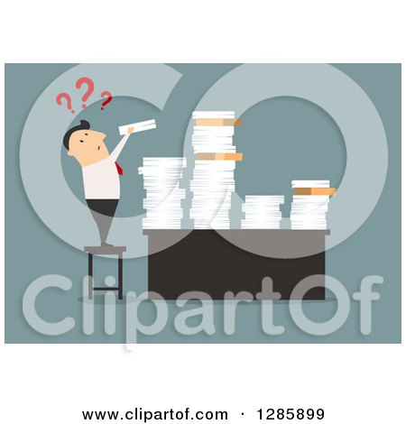 Clipart of a Businessman Trying to Add to a Tall Stack of Paperwork, over Blue - Royalty Free Vector Illustration by Vector Tradition SM