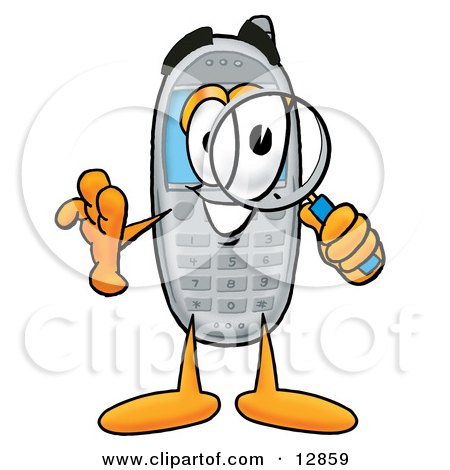 Clipart Picture of a Wireless Cellular Telephone Mascot Cartoon Character Looking Through a Magnifying Glass by Mascot Junction