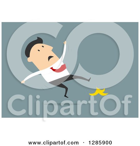 Clipart of a Businessman Slipping on a Banana Peel, over Blue - Royalty Free Vector Illustration by Vector Tradition SM