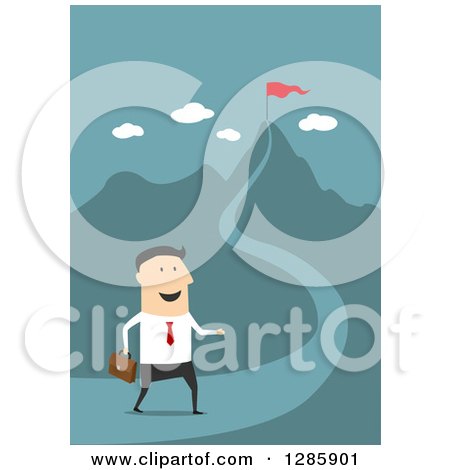 Clipart of a Businessman Walking Toward a Mountain with a Red Flag, over Blue - Royalty Free Vector Illustration by Vector Tradition SM