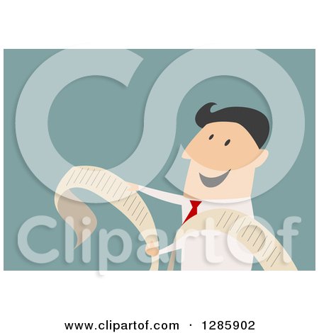 Clipart of a Businessman Reading a Long Document or Receipt, over Blue - Royalty Free Vector Illustration by Vector Tradition SM