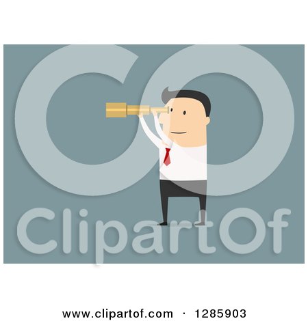 Clipart of a Flat Desigh White Businessman Viewing Through a Telescope, over Blue - Royalty Free Vector Illustration by Vector Tradition SM