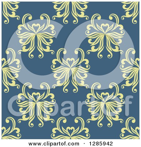 Clipart of a Seamless Pattern Background of Green Floral on Blue - Royalty Free Vector Illustration by Vector Tradition SM