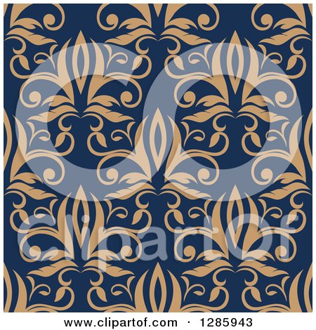Clipart of a Seamless Pattern Background of Tan Floral on Navy Blue - Royalty Free Vector Illustration by Vector Tradition SM
