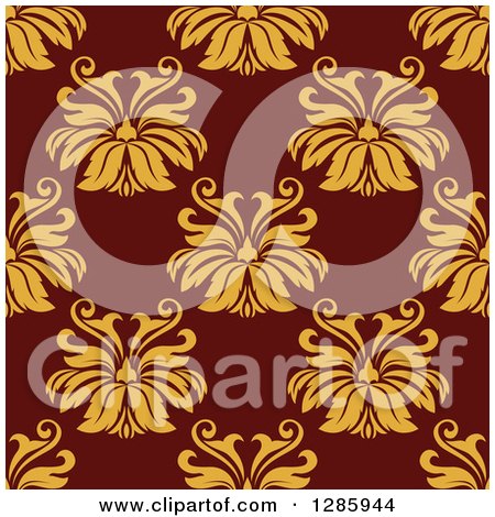 Clipart of a Seamless Pattern Background of Yellow Floral on Maroon - Royalty Free Vector Illustration by Vector Tradition SM