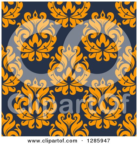 Clipart of a Seamless Pattern Background of Orange Floral on Navy Blue - Royalty Free Vector Illustration by Vector Tradition SM