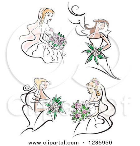 Clipart of Brunette and Blond Caucasian Brides with Bouquets of Pink Flowers - Royalty Free Vector Illustration by Vector Tradition SM