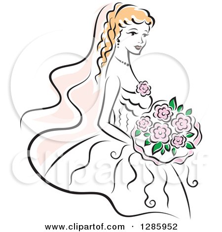 Clipart of a Blond Caucasian Bride with a Bouquet of Pink Flowers - Royalty Free Vector Illustration by Vector Tradition SM