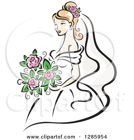 Clipart of a Pretty Blond Caucasian Bride with a Bouquet of Pink Flowers - Royalty Free Vector Illustration by Vector Tradition SM