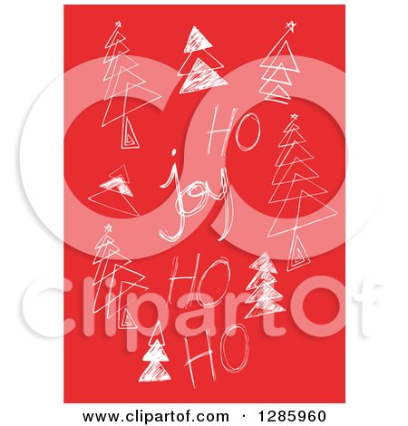 Clipart of White Sketched Joy and Ho Ho Ho Text with Christmas Trees on Red - Royalty Free Vector Illustration by Cherie Reve