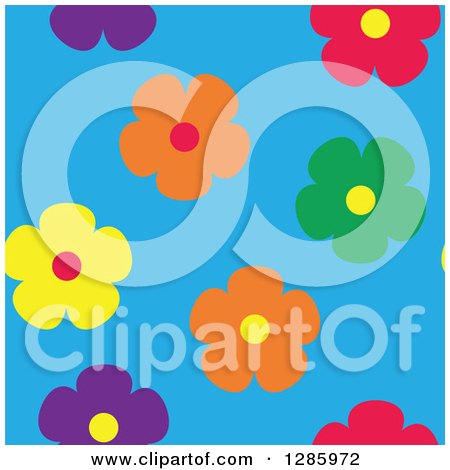 Clipart of a Seamless Background Pattern of Colorful Flowers on Blue - Royalty Free Vector Illustration by Cherie Reve