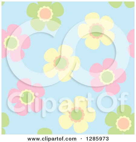 Clipart of a Seamless Background Pattern of Colorful Pastel Flowers on Blue - Royalty Free Vector Illustration by Cherie Reve