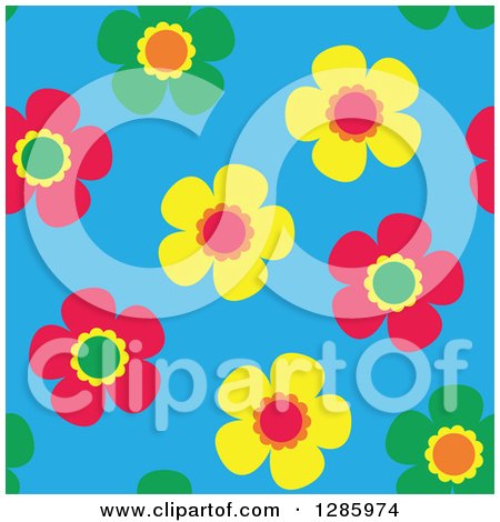 Clipart of a Seamless Background Pattern of Green Yellow and Pink Flowers on Blue - Royalty Free Vector Illustration by Cherie Reve