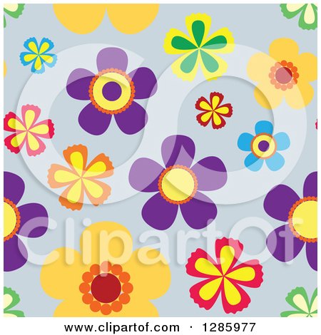 Clipart of a Seamless Background Pattern of Colorful Flowers on Gray - Royalty Free Vector Illustration by Cherie Reve