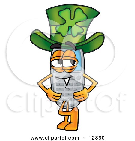 Clipart Picture of a Wireless Cellular Telephone Mascot Cartoon Character Wearing a Saint Patricks Day Hat With a Clover on it by Mascot Junction
