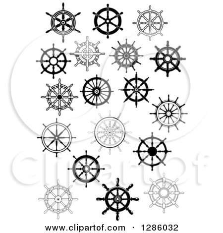 Clipart of Black and White Ship Steering Wheel Helms 2 - Royalty Free Vector Illustration by Vector Tradition SM