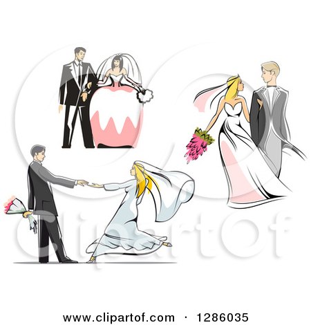 Clipart of Retro Caucasian Wedding Couples Standing, Walking and Dancing - Royalty Free Vector Illustration by Vector Tradition SM