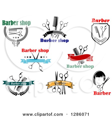 Clipart of Barber Shop Designs with Combs, Scissors and Hair - Royalty Free Vector Illustration by Vector Tradition SM