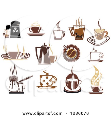 Clipart of Multi Toned Brown Coffee Cups and Espresso Designs - Royalty Free Vector Illustration by Vector Tradition SM