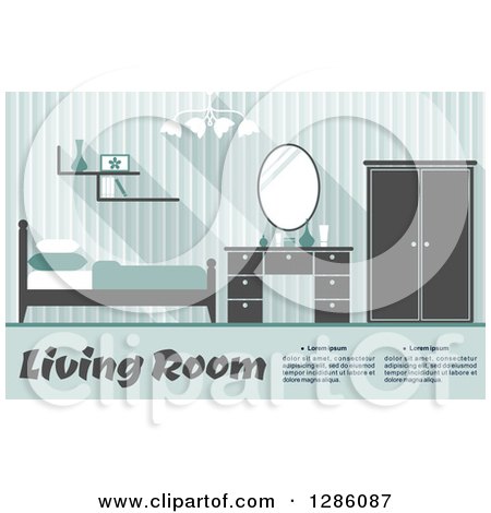 Clipart of a Bluish Gren Toned Bedroom Interior with Sample Text - Royalty Free Vector Illustration by Vector Tradition SM