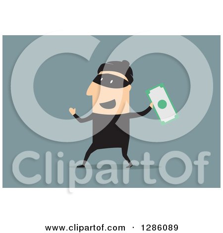 Clipart of a White Male Robber Holding up Cash, on a Blue Background - Royalty Free Vector Illustration by Vector Tradition SM