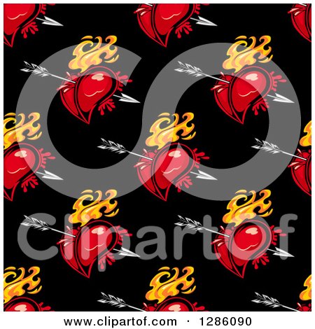 Clipart of a Seamless Pattern Background of Bleeding and Flaming Hearts with Cupids Arrows over Black - Royalty Free Vector Illustration by Vector Tradition SM