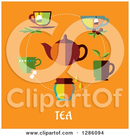 Clipart of a Tea Pot with Cups and Text on Orange - Royalty Free Vector Illustration by Vector Tradition SM