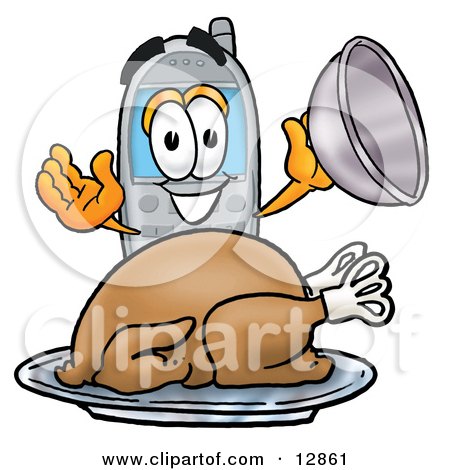 Clipart Picture of a Wireless Cellular Telephone Mascot Cartoon Character Serving a Thanksgiving Turkey on a Platter by Mascot Junction