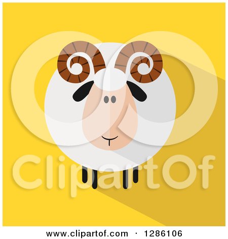 Clipart of a Modern Flat Design Round Fluffy White Ram Sheep with Shadows on Yellow - Royalty Free Vector Illustration by Hit Toon