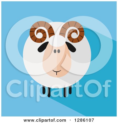 Clipart of a Modern Flat Design Round Fluffy White Ram Sheep with Shadows on Blue - Royalty Free Vector Illustration by Hit Toon