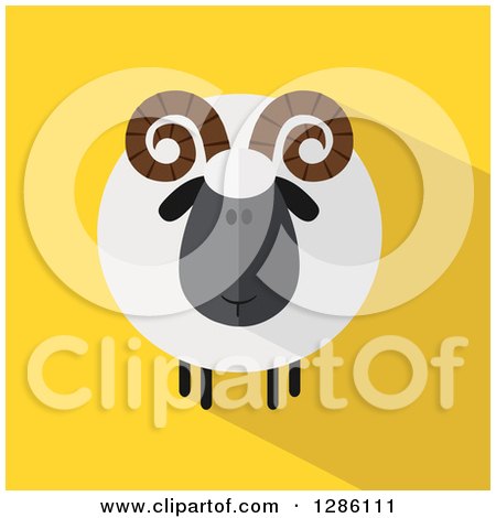Clipart of a Modern Flat Design Round Fluffy Black Ram Sheep with Shadows on Yellow - Royalty Free Vector Illustration by Hit Toon
