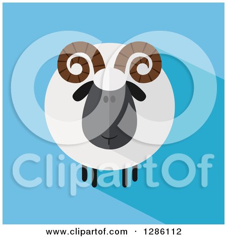 Clipart of a Modern Flat Design Round Fluffy Black Ram Sheep with Shadows on Blue - Royalty Free Vector Illustration by Hit Toon