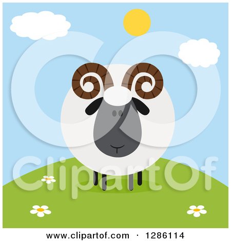 Clipart of a Modern Flat Design Round Fluffy Black Ram Sheep on a Hill - Royalty Free Vector Illustration by Hit Toon