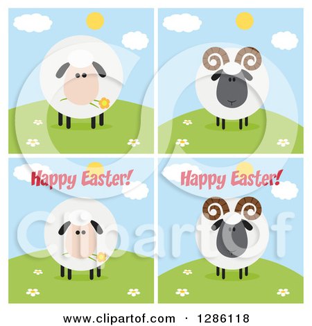 Clipart of Modern Flat Designs of Round Fluffy White and Black Sheep and Rams on Hills, Some with Happy Easter Text - Royalty Free Vector Illustration by Hit Toon