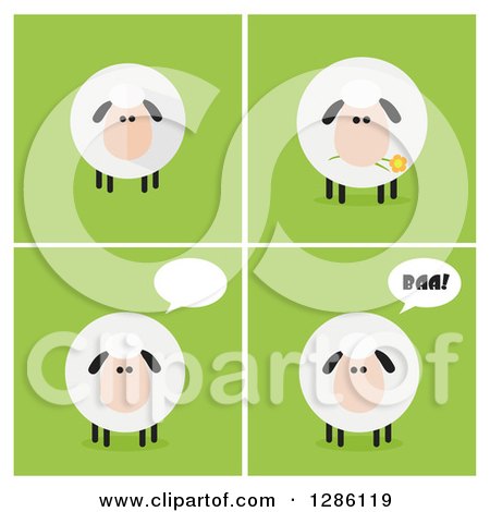 Clipart of Modern Flat Designs of Round Fluffy White Sheep over Green Tiles - Royalty Free Vector Illustration by Hit Toon