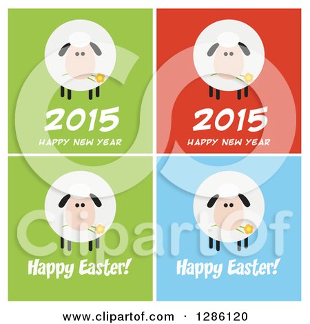 Clipart of Modern Flat Designs of Fluffy White Sheep on Colorful Tiles with New Year and Happy Easter Greetings - Royalty Free Vector Illustration by Hit Toon