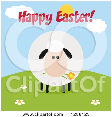 Clipart of a Modern Flat Design Round Fluffy Sheep Eating a Flower on a Hill Under Happy Easter Text - Royalty Free Vector Illustration by Hit Toon