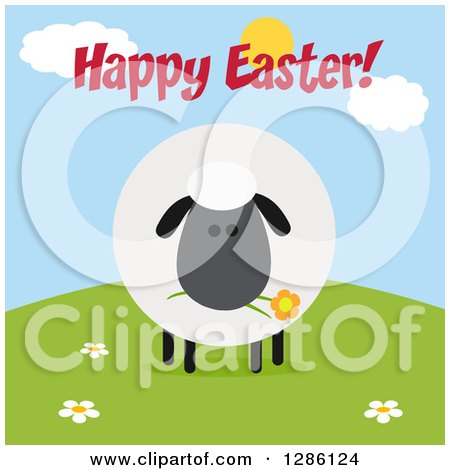 Clipart of a Modern Flat Design Round Fluffy Black Sheep Eating a Flower on a Hill Under Happy Easter Text - Royalty Free Vector Illustration by Hit Toon