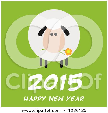 Clipart of a Modern Flat Design Round Fluffy Sheep Eating a Flower over 2015 Happy New Year Text on Green - Royalty Free Vector Illustration by Hit Toon