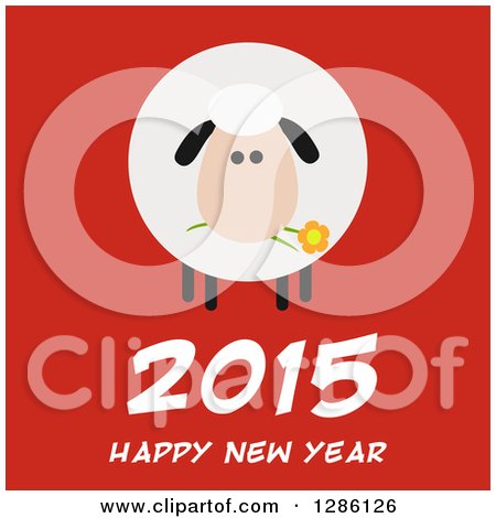 Clipart of a Modern Flat Design Round Fluffy Sheep Eating a Flower over 2015 Happy New Year Text on Red - Royalty Free Vector Illustration by Hit Toon