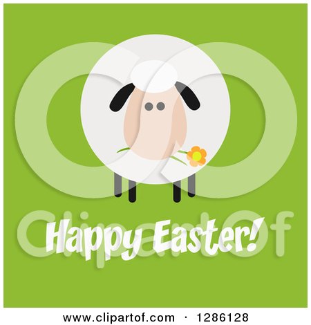 Clipart of a Modern Flat Design Round Fluffy Sheep Eating a Flower over Happy Easter Text on Green - Royalty Free Vector Illustration by Hit Toon