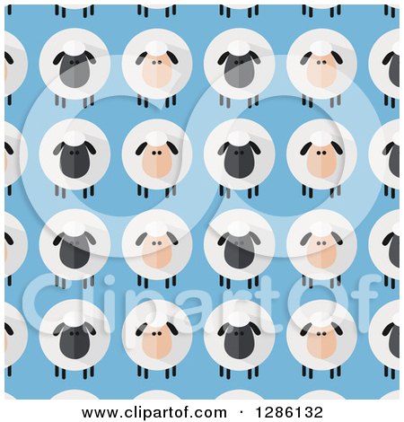 Clipart of a Background Pattern of Modern Flat Designed Fluffy Black and White Sheep over Blue - Royalty Free Vector Illustration by Hit Toon