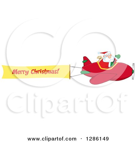 Clipart of Santa Claus Waving and Flying a Christmas Plane with a Merry Christmas Aerial Banner - Royalty Free Vector Illustration by Hit Toon