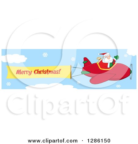 Clipart of Santa Claus Waving and Flying a Christmas Plane with a Merry Christmas Aerial Banner in a Snowy Sky - Royalty Free Vector Illustration by Hit Toon