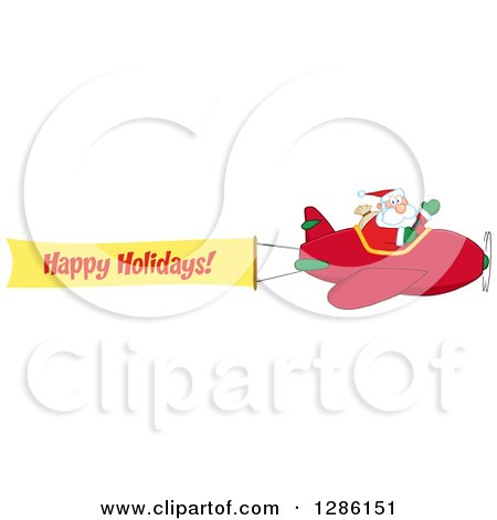 Clipart of Santa Claus Waving and Flying a Christmas Plane with a Happy Holidays Aerial Banner - Royalty Free Vector Illustration by Hit Toon